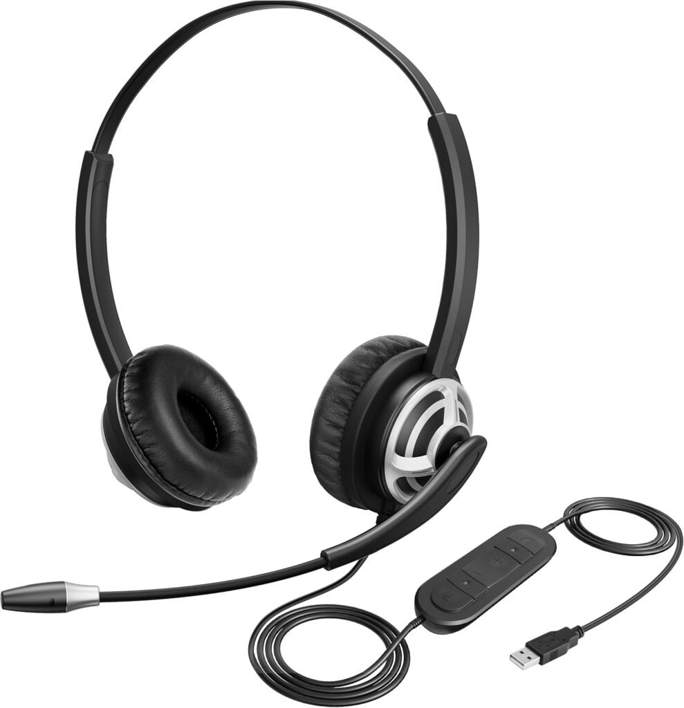 MKJ USB Headset with Microphone, Computer Headset for Call Center & Home Office, Noise Canceling Wired Headphone for PC Laptop Skype Teams Zoom Jabber Conference Calls Online Teaching