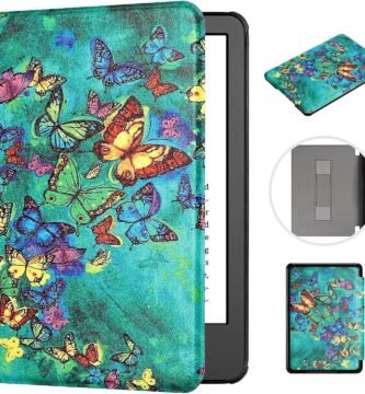 MOKASE Case for 7″ Kindle Paperwhite (12th Generation, 2024) & Kindle Colorsoft Signature Edition, Ultra Thin PU Leather Hard Protective Cover with Hand Strap for 7″ 2024 E-Reader, Green Butterflies
