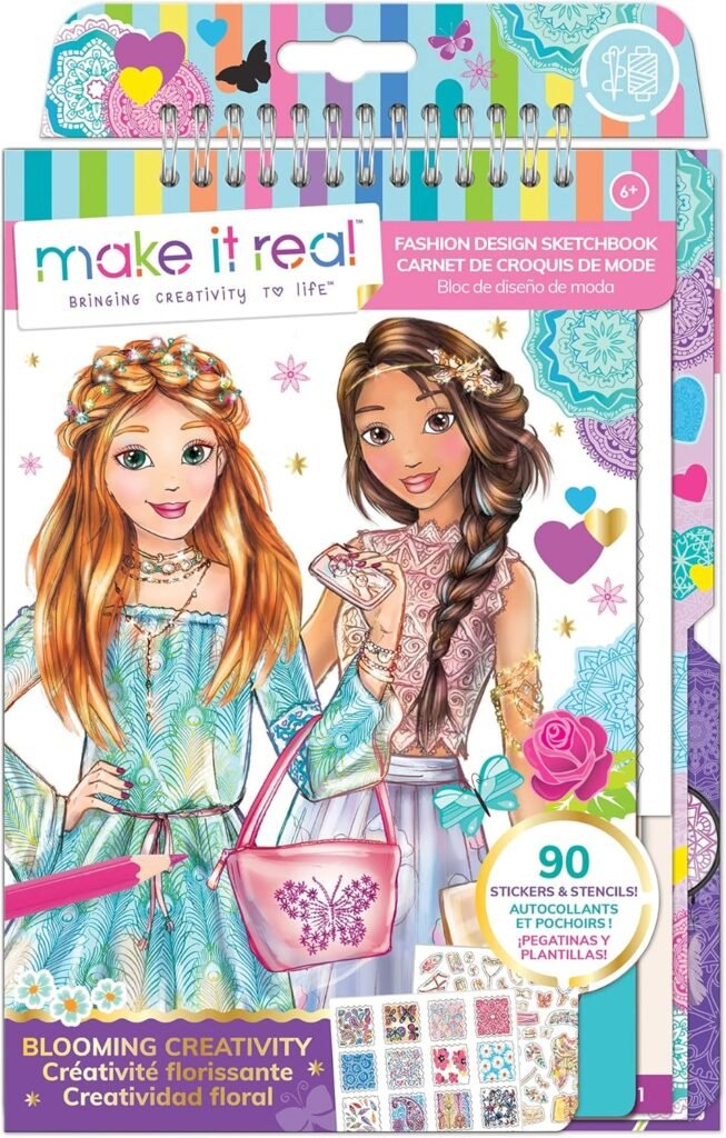 Make It Real Blooming Creativity Fashion Design Sketchbook with Stencils and Stickers for Creativity – Kids Arts and Crafts Colouring Book – Girls Gifts