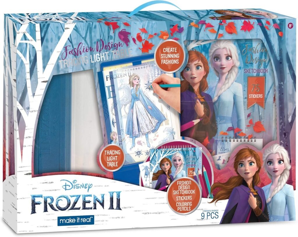 Make It Real – Disney Frozen 2 Fashion Design Tracing Light Table. Kids Fashion Design Kit Includes Light Table, Disney Sketchbook, Stencils, Stickers, Design Guide and More