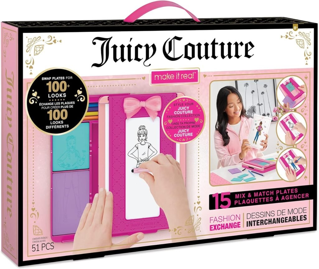 Make It Real Juicy Couture Fashion Exchange – Fashion Design Kit for Kids – Art Set with Scratch Plates, Stickers, Coloured Pencils & More – Gifts for Girls