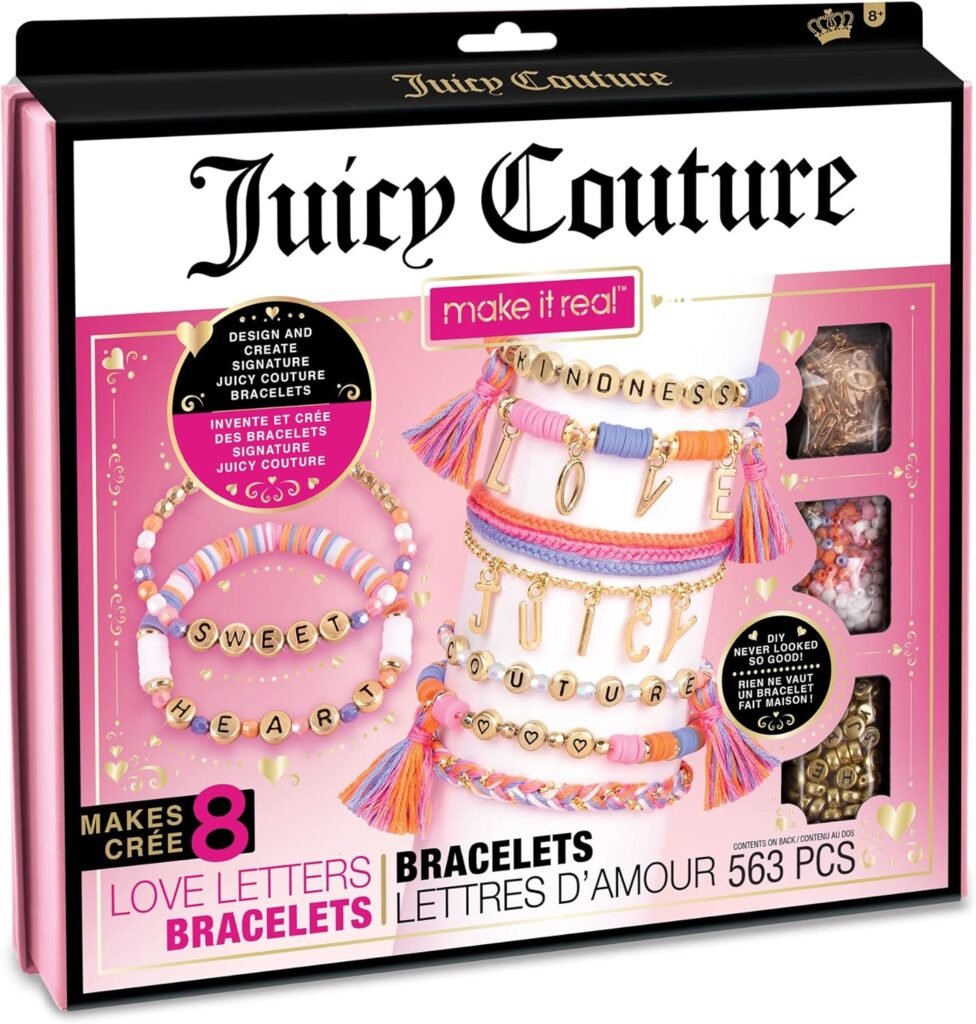 Make It Real Juicy Couture Love Letters Bracelet Making Kit – Kids Jewellery Making Kit – DIY Charm Bracelet Making Kit for Girls – Friendship Bracelets with Flat Clay Beads – Gifts for Girls