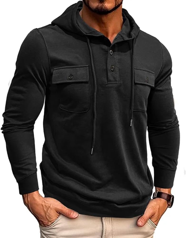 MakingDa Mens Long Sleeve Hoodie Athletic Button Pullover Chest Pockets Muscle Regualr Fit Workout Gym Hooded Shirt Soft Lightweight Running Sport Streetwear Fashion Hoodys Shirts