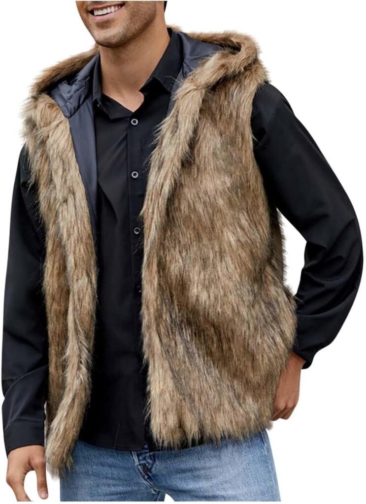Man High Neck Faux Fur Pleather Jackets Hood Coat for Man Sleeveless Thermal Hooded Plain Winter Fall 2024