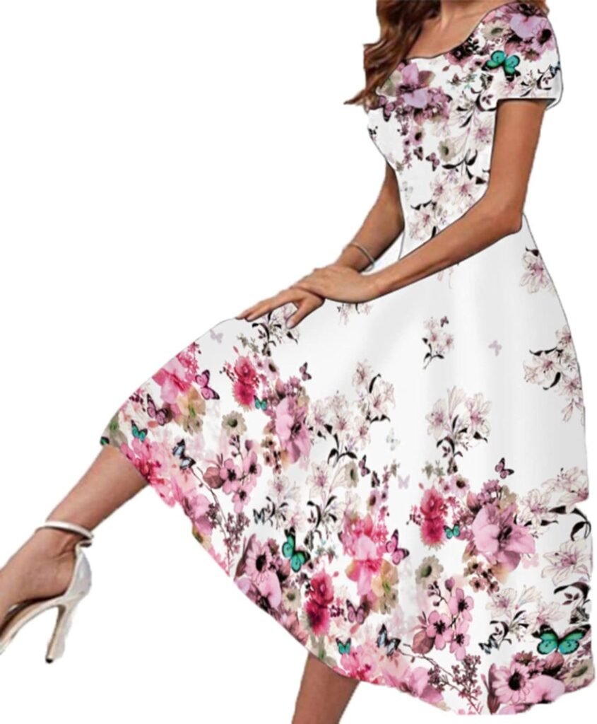 Maxi Dress for Women Short Sleeve Round Neck Casual Print Party Daily Elegant Dress Spring Summer Dresses for Women Dressy Maxi Dresses Casual Loose Flowy Long Dresses Summer Beach Boho Dress