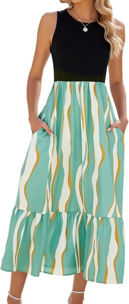 Maxi Dresses for Women UK – Casual Dress with Pockets, t Shirt Dress, Summer Maxi Dress, Holiday Dress, Long Dresses for Women UK, Elastic High Waist Long Dress
