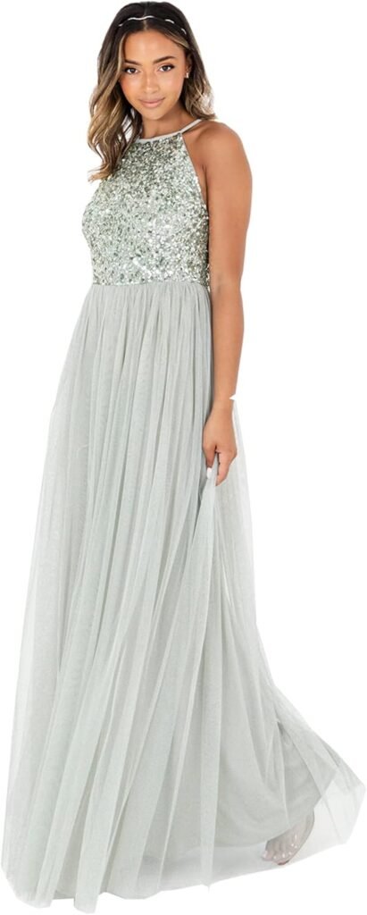 Maya Deluxe Women’s Ladies Bridesmaid Maxi Dress Halter Neck Sequin Embellished Prom Graduation Wedding Maya Deluxe Women’s Ladies Bridesmaid Maxi Dress Halter Neck Sequin Embellished Prom Graduation Wedding
