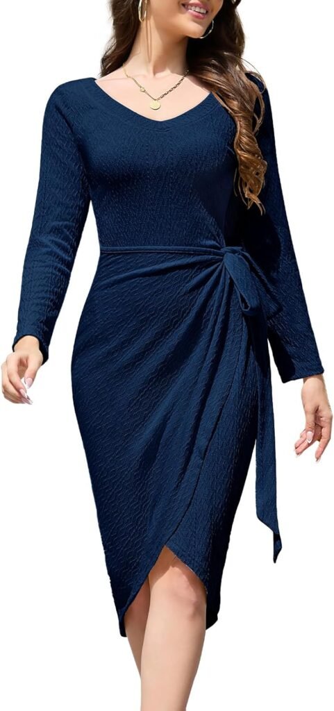 Meetjen Women’ Sweater Dress V Neck Long Sleeve Elegant Bodycon Midi Dress Ribbed Knit Fall Cocktail Dress