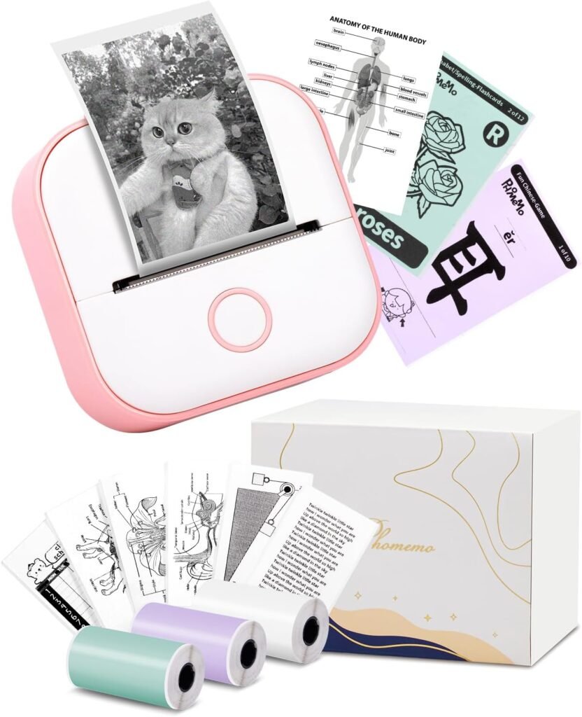 Memoking Mini Portable Printer – T02 Small Photo Printer for Phone, Thermal Wireless Note Printer for Children’s Day Birthday, Compatible with iOS & Android, Pink