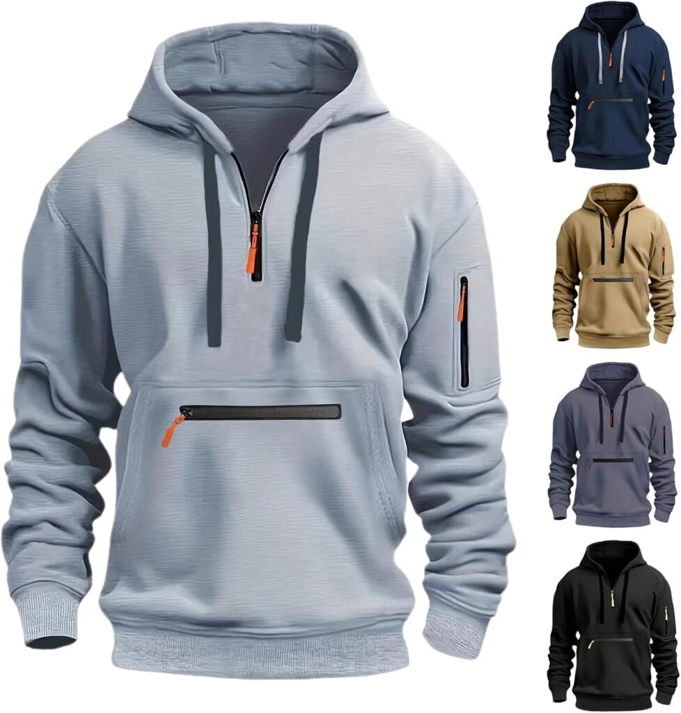 Mens 1/4 Zip Pullover Hoodie Zip Up Pocket Drawstring Tracksuit Tops Cuff Overhead Hooded Slim Fit Casual Gym Skiing Sports Warm Hoody Sweatshirts
