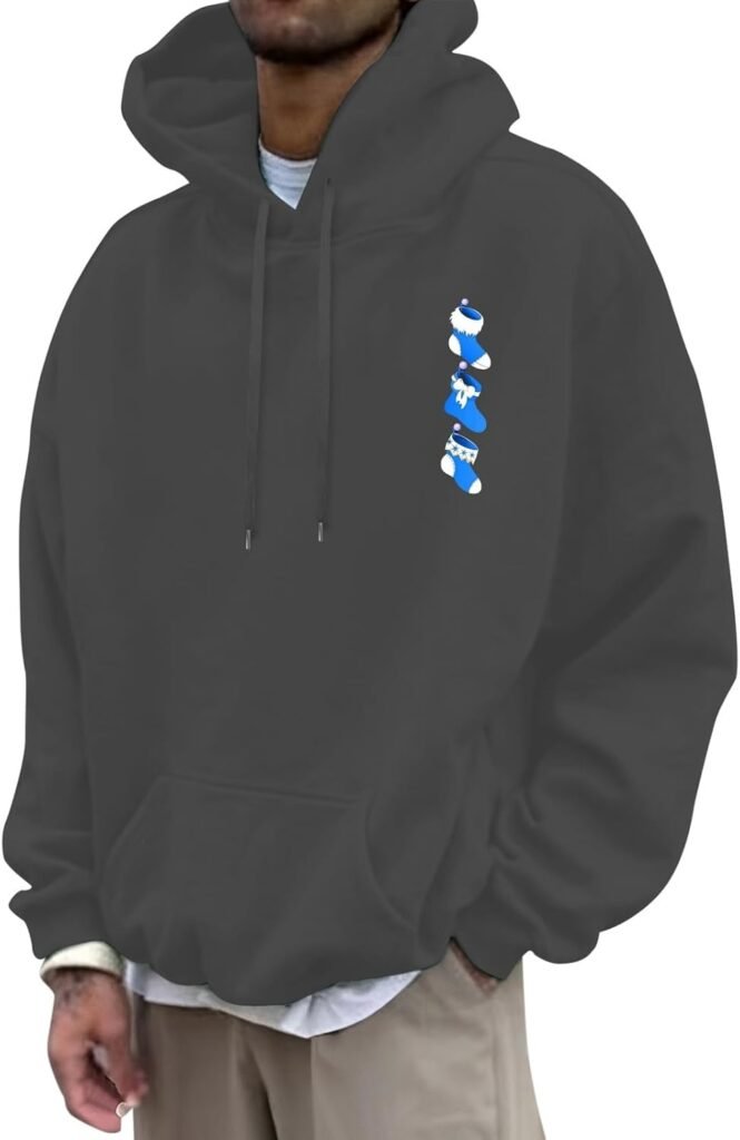 Mens Christmas Hoodies Christmas Printed Long Sleeve Solid Color Drawstring Pullover Hooded Sweatshirt Pockets Autumn Winter Xmas Jumpers Christmas Outfits For Men UK