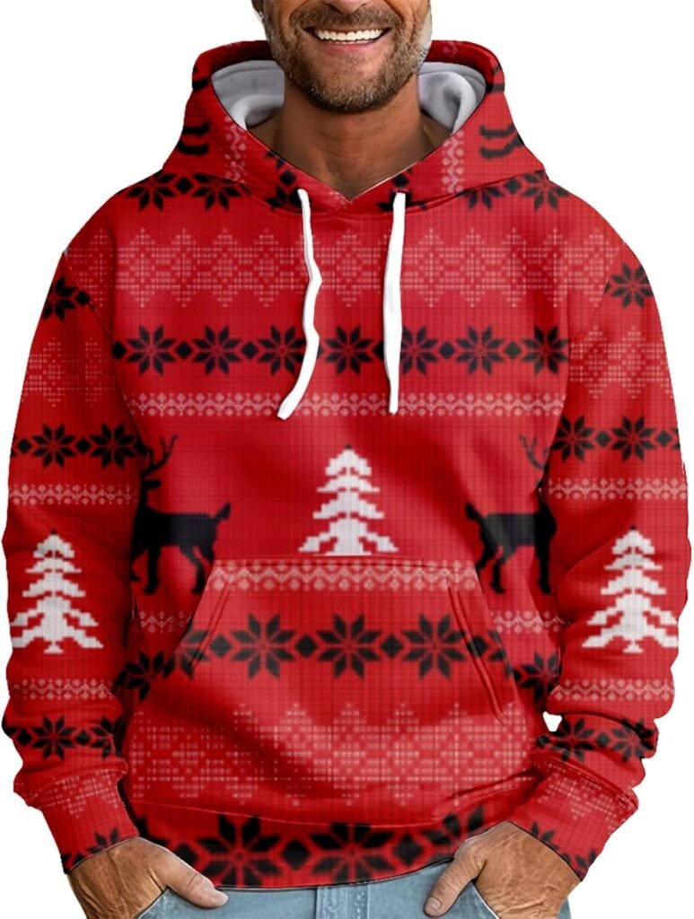 Mens Christmas Hoodies Funny Outdoor Plus Size Fall Santa Sweaters Loose Long Sleeve Winter Outfits Xmas Clothes Casual Novelty Hooded Jumpers Trendy 3D Printed Hoodie