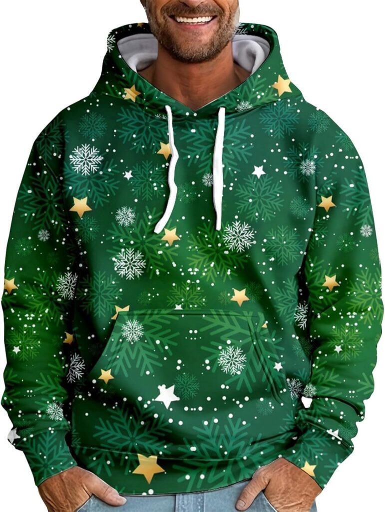 Mens Christmas Hoodies Novelty Outdoor Long Sleeve Fall Xmas Pullover Funny 3D Printed Winter Clothes Santa Sweaters Loose Trendy Hooded Sweatshirts Warm Plus Size Hoodie