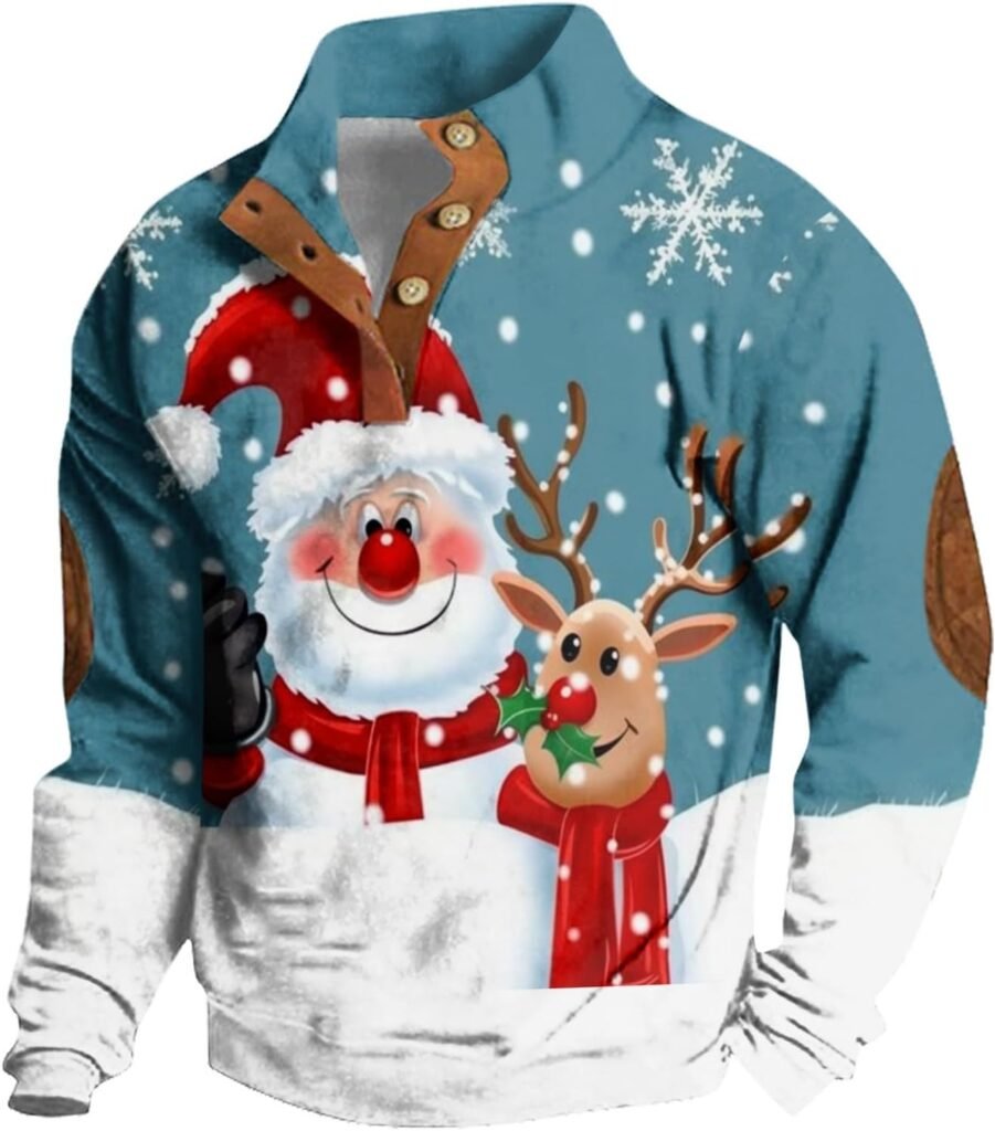 Mens Christmas Jumper Novelty Funny Long Sleeve Fall Xmas Clothes Loose Button Down Winter Sweatshirts Santa Pullover Outdoor Casual Stand Collar Sweaters Warm 3D Printed Outfits