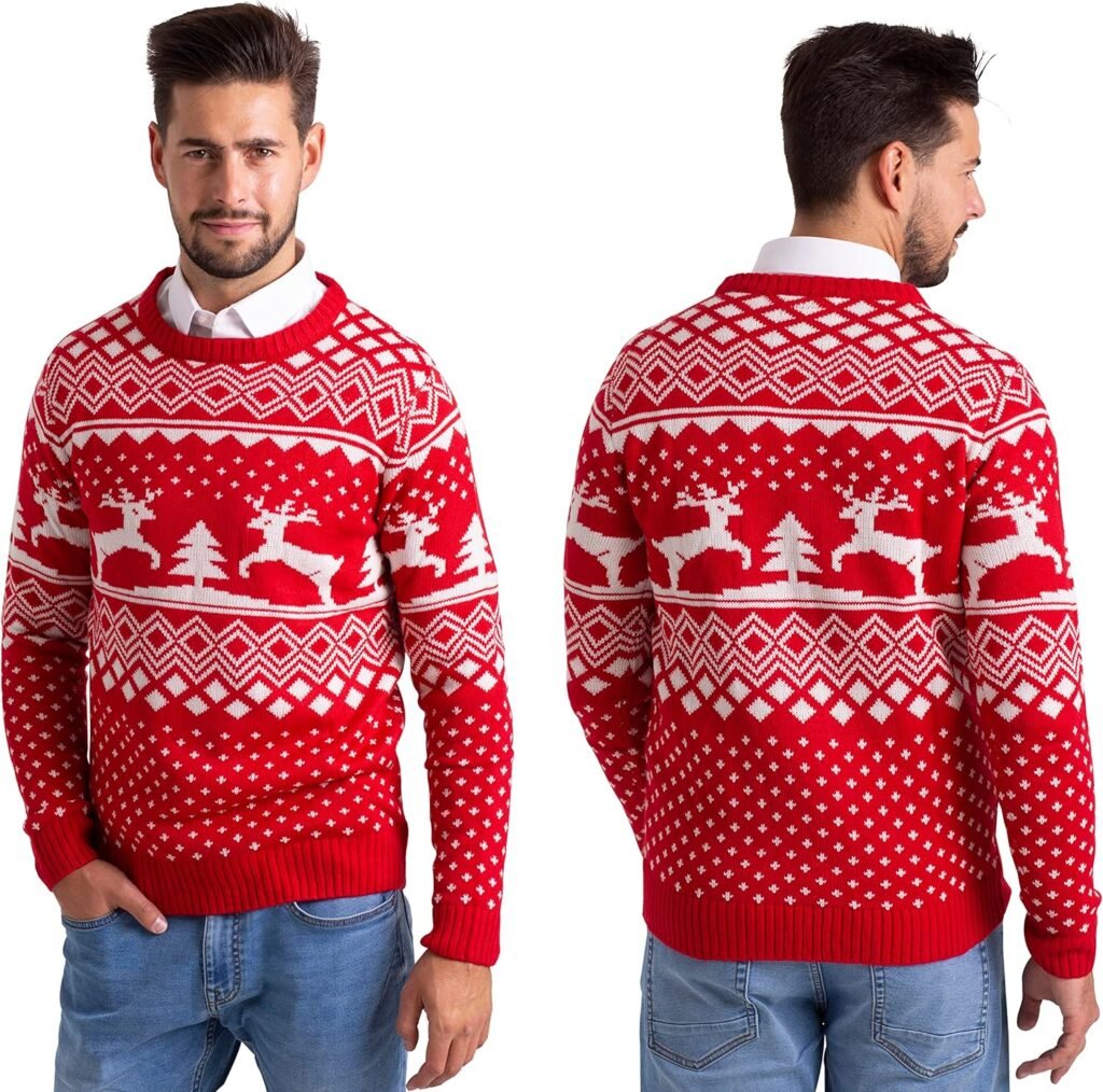 Mens Christmas Jumper Xmas Tree & Reindeer Fairisle Pattern Long Sleeve Knit Crew Neck Crew Xmas Sweater S-XXL