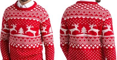 Mens Christmas Jumper Xmas Tree & Reindeer Fairisle Pattern Long Sleeve Knit Crew Neck Crew Xmas Sweater S-XXL