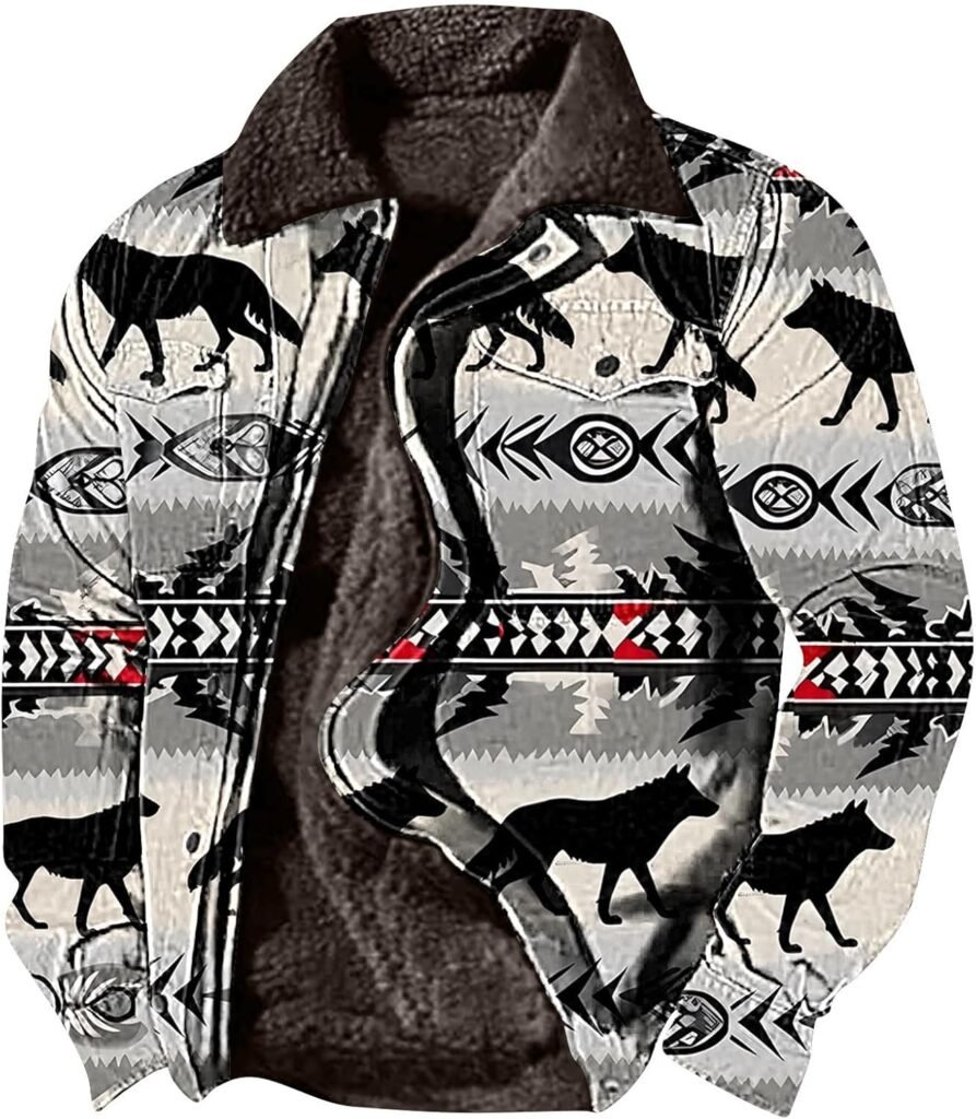Mens Fleece Lapel Neck Thicken Long Sleeve Coat Men Zip Up Warm Men Coat Winter With Pockets Mens Jacket Plus Size Windbreaker Jacket Aztec Graphic Overcoat Fall Outfits