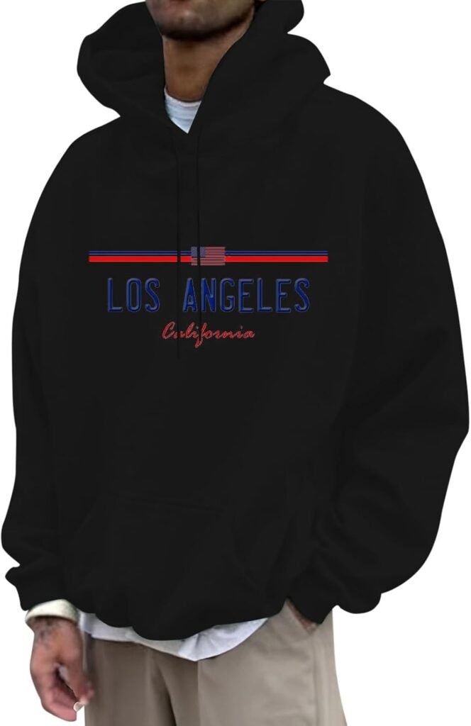Mens Los Angeles Letter Print Hoodies College Graphic Comfort with Hood Outfits Trendy Hooded Sweatshirts Fall Soft Vintage 2024 Y2K Goth Gothic Backwoods Country Thin Men’s Solid