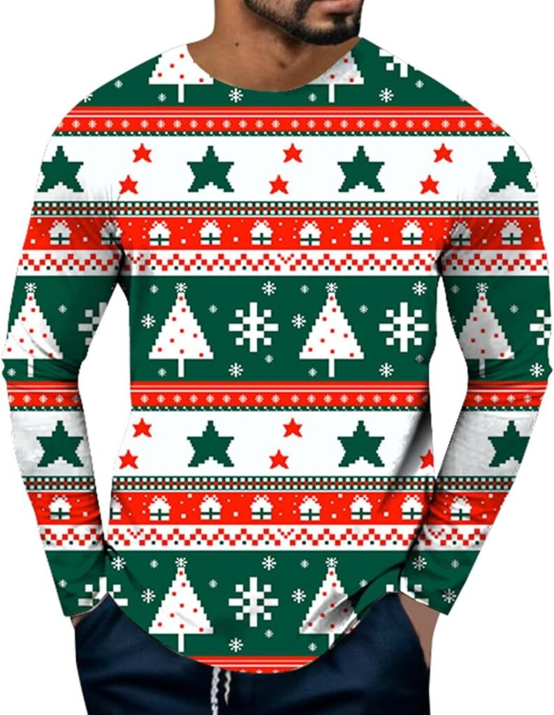 Mens Running Tee Shirts Graphic Long Sleeve Christmas Tree Pattern T Shirts Tee Tops Xmas Outfits Clothes T Shirts for Men Cotton Athletic Wear