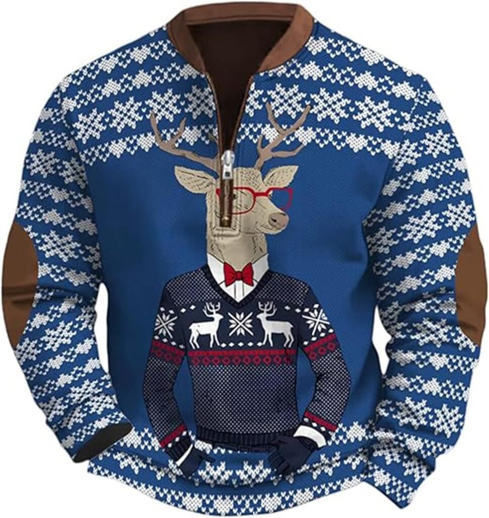 Mens Sweatshirt Sweater Pullover Top Blouse Christmas Fall and Winter Men’s 3D Printed Half Zip Sweatshirt Stin Sweater