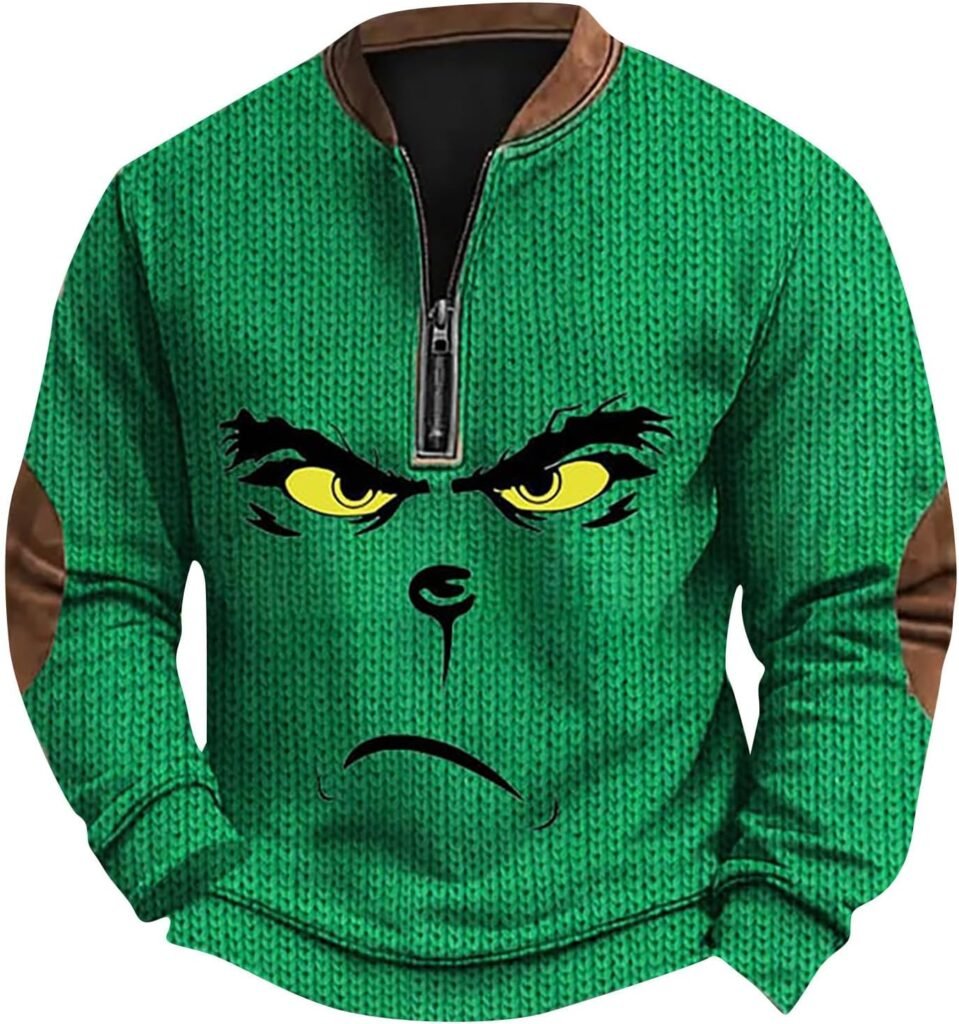 Mens 𝑮𝒓𝒊𝒏-𝒄𝒉 Christmas Sweatshirts 2024 Funny Quarter Zip Jumpers Ugly Long Sleeve Stand Collar Plus Size Pullover Tops S-4X