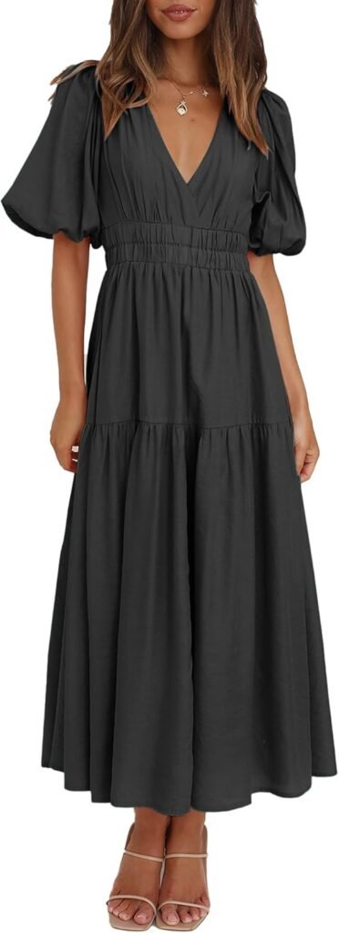 MessBebe Women’s 2024 Summer Maxi Dress Puffy Sleeve V Neck Boho Party Beach Tiered Ruffle Flowy Long Smocked Dresses