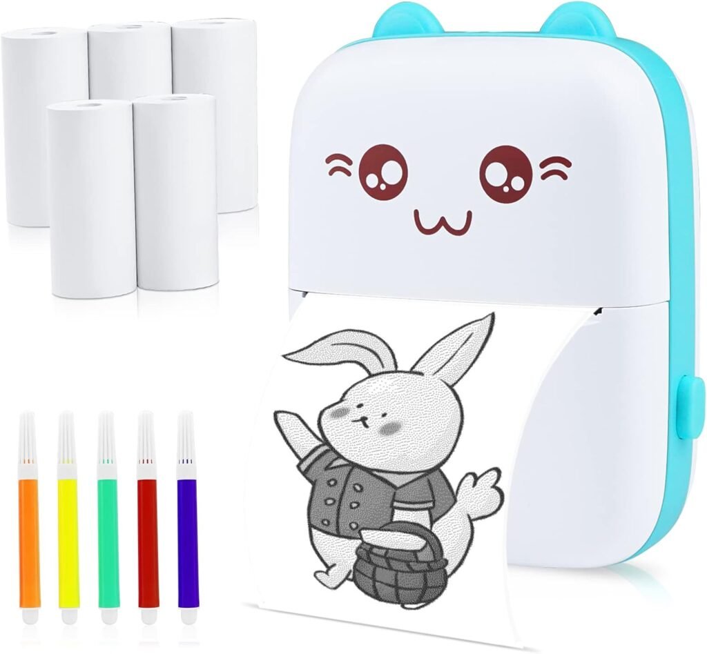 Mini Thermal Printer, Bluetooth Labler Maker, Portable Label Printer Compatible with Android and ios, Printable Photos, Lists, QR Codes, Notes(With 5 Roll Paper+5 Colored Pens) (Blue)