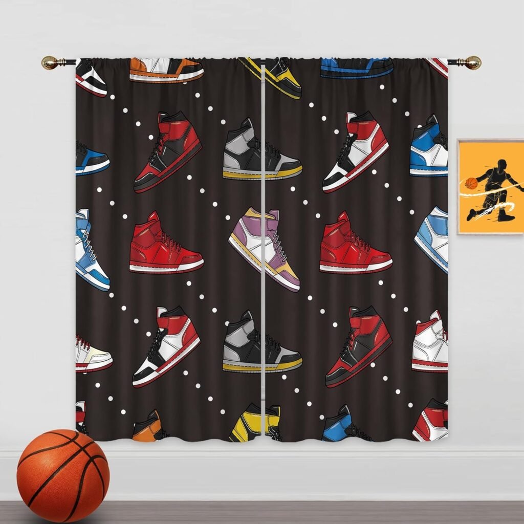 Mitpok Retro Basketball Shoes Curtains for Boys Bedroom,Kid Red Black Sneaker Wall Decor 42Wx63H Inch Rod Pocket Sports Colorful Modern Cool Teen Men 2 Panel Window Treatment Set for Living Room