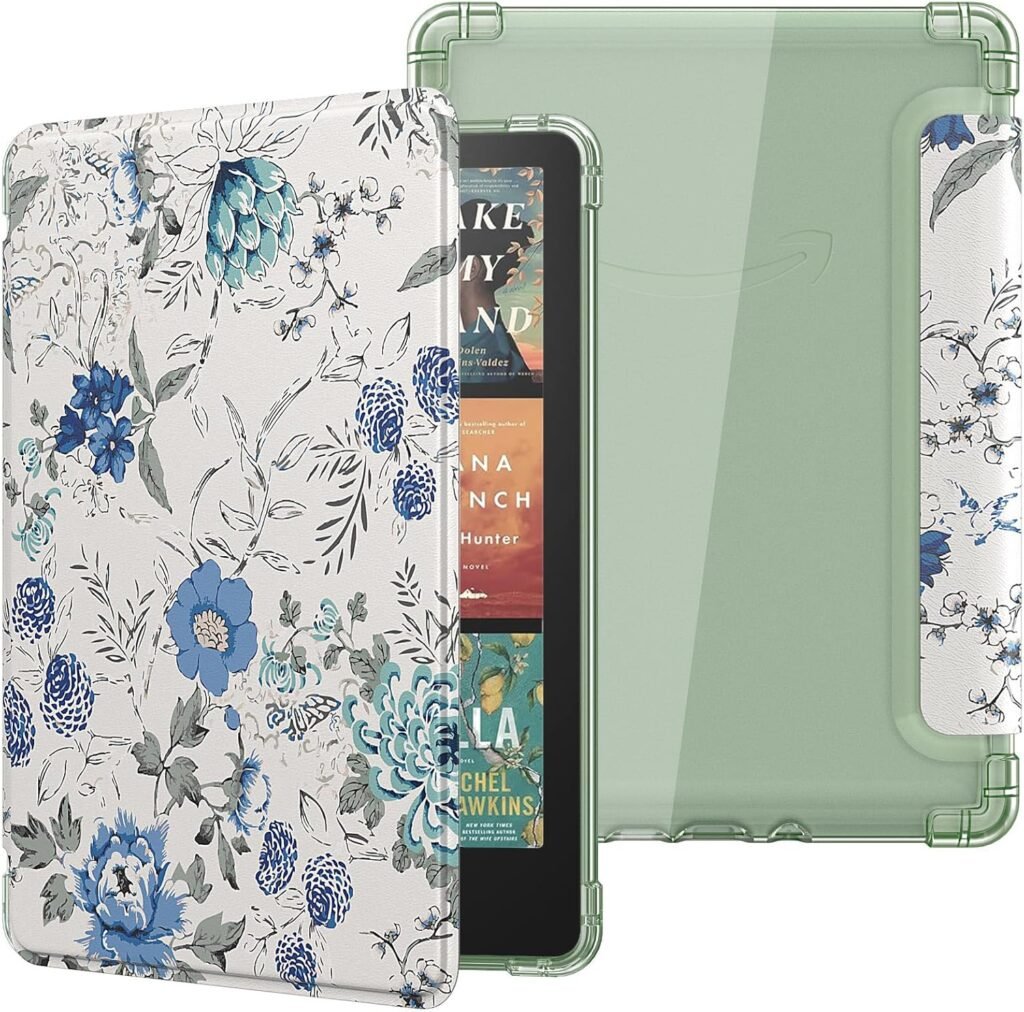 MoKo Case for All-new 7″ Kindle Paperwhite 12th Gen 2024&Kindle Colorsoft Signature Edition 2024,Ultra Clear Soft Flexible Transparent TPU Back Cover Light Shell with Auto Wake/Sleep,White Blue Floral