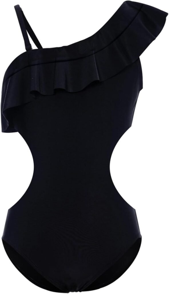 Momkonzz Girls Swimming Costumes Kids One Piece Swimsuit Straps Ruffle Swimwear Black 7-16 Years Momkonzz Girls Swimming Costumes Kids One Piece Swimsuit Straps Ruffle Swimwear Black 7-16 Years