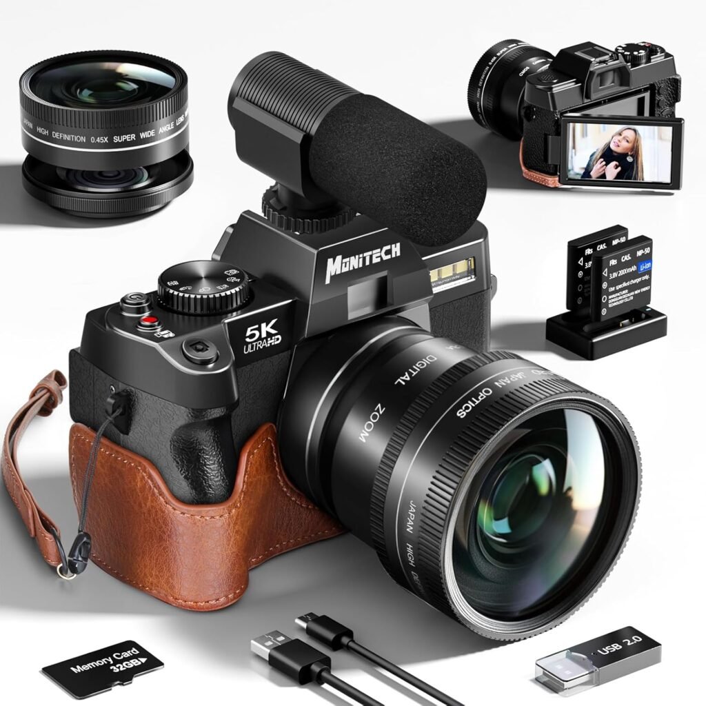 Moniteh 5K Digital Camera for Photography and Video,48MP Vlogging Camera for YouTube with 180° Flip Screen,16X Digital Zoom,52mm Wide Angle,Leather Hold & Strap, 2 Batteries, 32GB TF Card(Black)