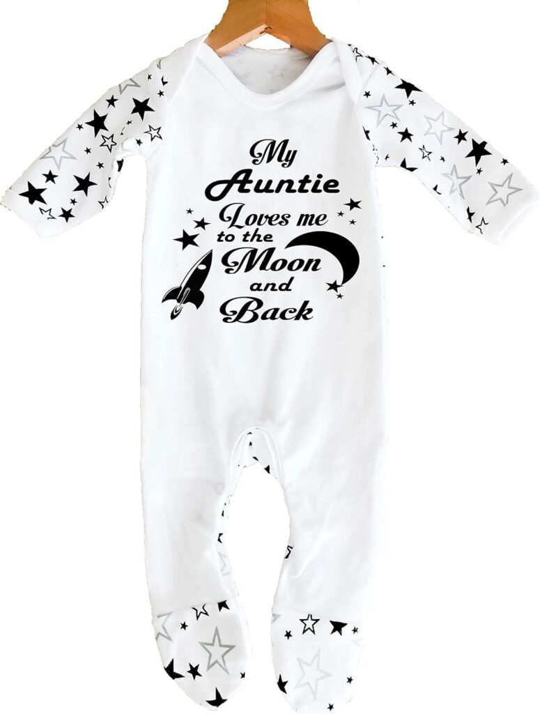 ‘My Auntie Loves Me to The Moon and Back’ Baby Boy Girl Sleepsuit Designed and Printed in the UK Using 100% Fine Combed Cotton ‘My Auntie Loves Me to The Moon and Back’ Baby Boy Girl Sleepsuit Designed and Printed in the UK Using 100% Fine Combed Cotton