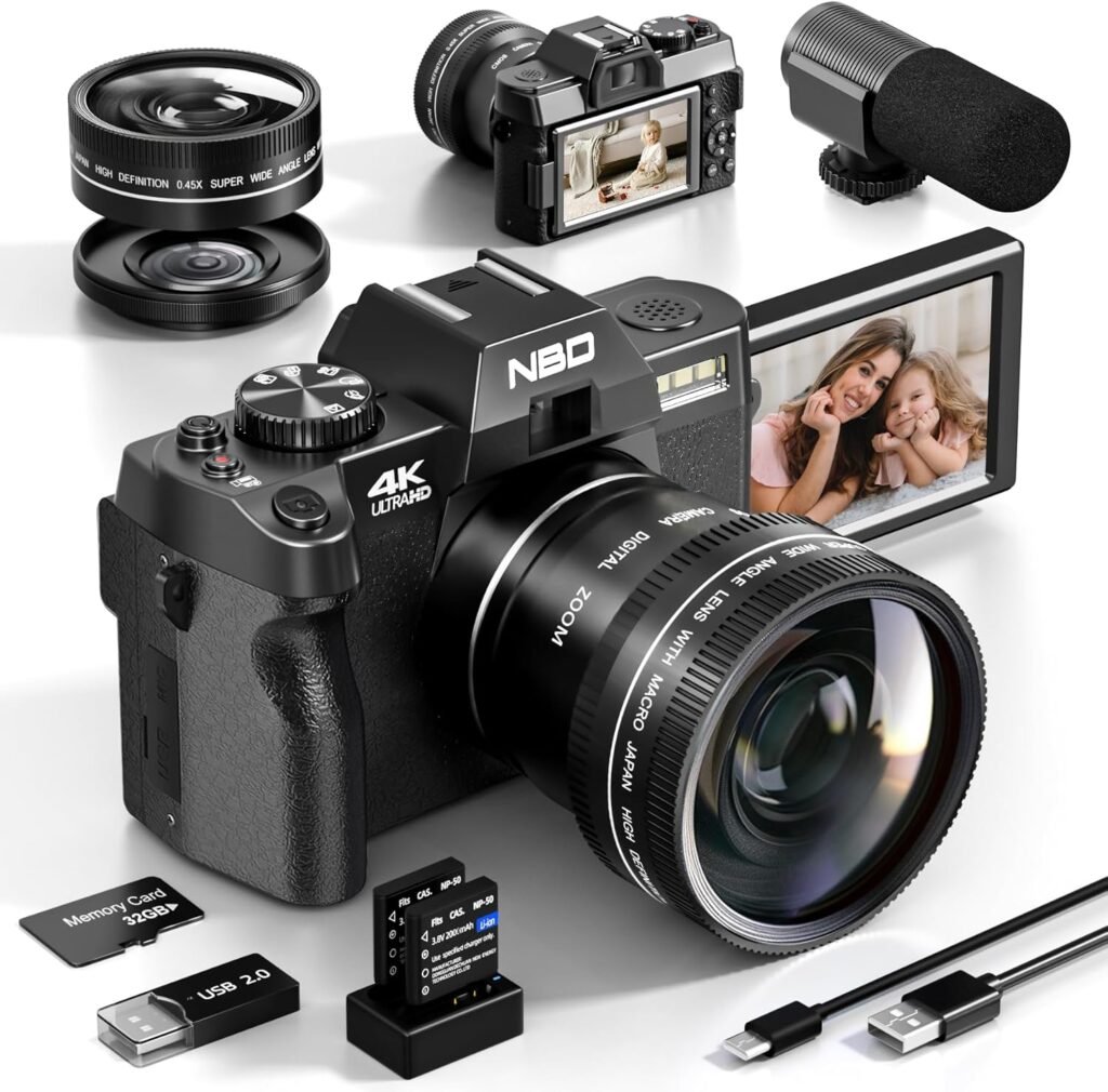 NBD 4K Digital Cameras for Photography – 48MP/60FPS Video Camera for Vlogging, WiFi & App Control, YouTube Vlogging Camera with 32GB TF Card. Wide-Angle & Macro Lens Included (Black)