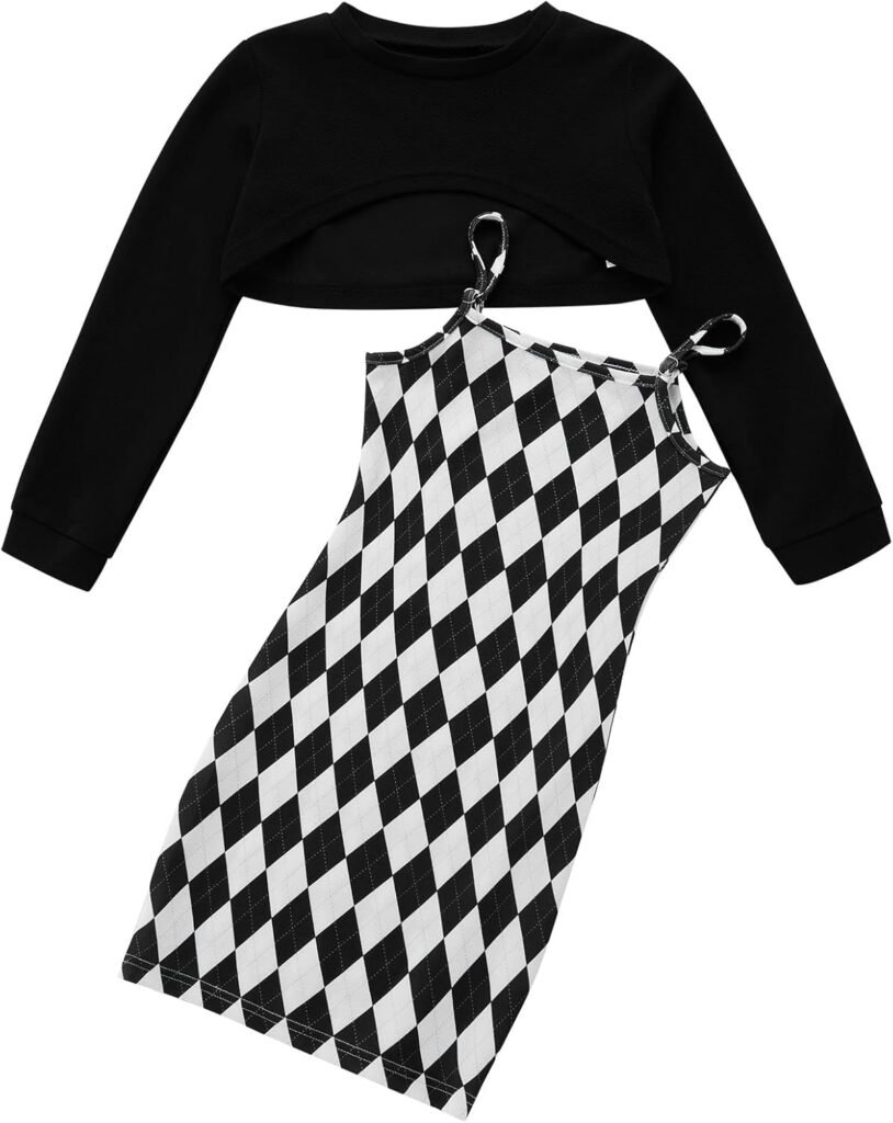 Naiyafly Girl’s 2 Piece Outfits Kids Long Sleeve Crop Top and Cami Dress Set Teen Girls Pullover Sweatshirt + Butterfly/Plaid Print Bodycon Dress Clothes Christmas Party Casual Costumes