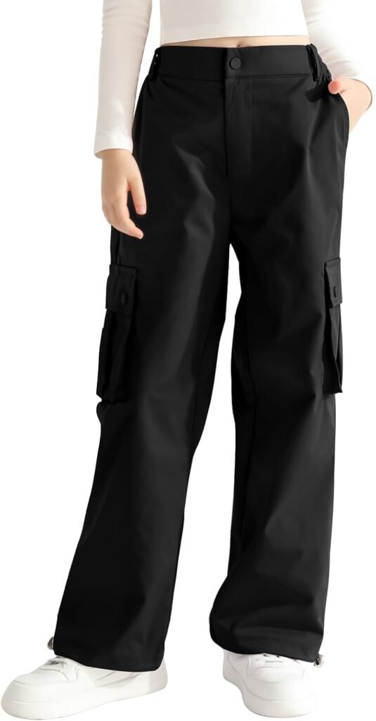 Naiyafly Girls Cargo Trousers Pants Elasticated Waist Adjustable Baggy Cargo Joggers Trousers Loose Parachute Pants with Pockets 7-8 9-10 10-11 12 13-14 15-16 Years Teen Kids