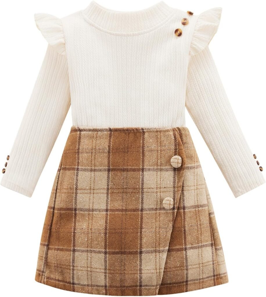 Naiyafly Toddler Girl Outfits Baby Ruffle Ribbed Long Sleeve Ruffle T-Shirt Top Plaid Skirt Fashion Set 3Pcs Kids Girl Fall Winter Clothes 2t 3t 4t 5t 6t