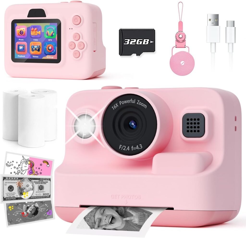 Nevanah Kids Camera, Instant Print Camera for 3-12 Girls Boys 1080P HD Kids Digital Camera with 32 G SD Card 2.4 inch IPS Screen Christmas Birthday Gifts Age 6 7 8 9 Girls Gifts 3 Paper Roll-Pink