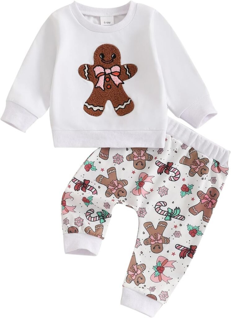 NewNewCome My First Christmas Baby Girl Outfit Gingerbread Man Pant Set Long Sleeve Sweatshirt Bows Sweat Pants Fall Clothes