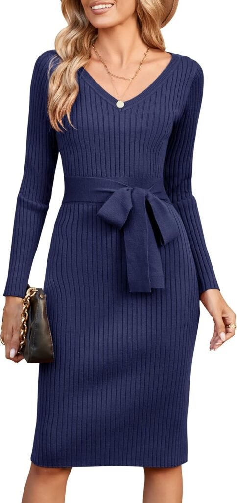 Newshows Jumper Dress Long Sleeve V Neck Knitted Dress Slim Fit Elegant Bodycon Sweater Dress with Belt