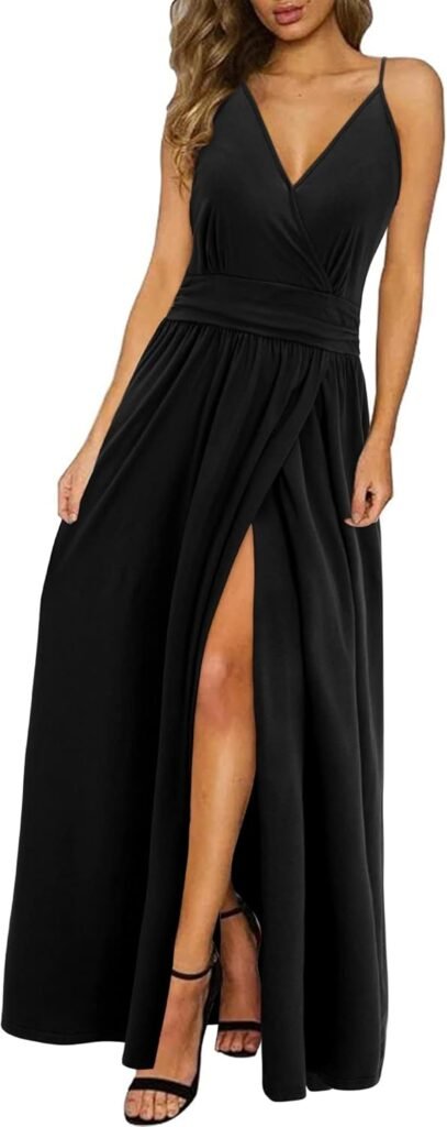 Newshows Women’s Summer V Neck Spaghetti Strap Sleeveless Casual Split Long Maxi Dress