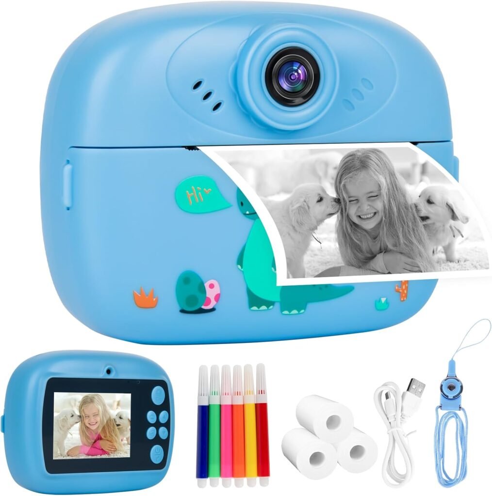 Niaazi Kids Camera Instant Print Camera – 1080P HD Digital Camera for Kids with No Ink Print Photo Paper & 32G TF Card, Selfie Video Camera with Color Pens for DIY, Birthday Gifts Toy (Blue)