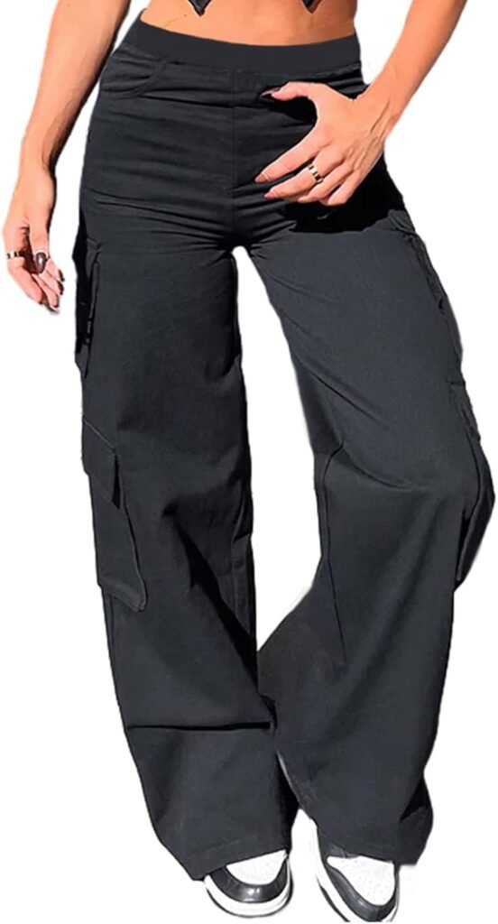 Nuofengkudu Women Stretch Wide Leg Cargo Trousers Bootcut 6 Utility Pockets Elasticated High Waisted Loose Fit Flared Pants Y2K Streetwear
