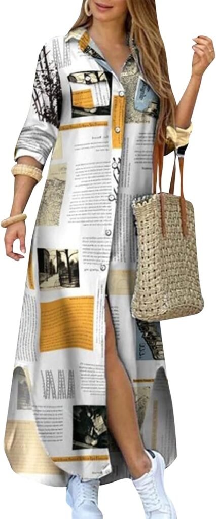 OMZIN Women Rolled Up Sleeve Button Down Lapel Dress Floral Print Maxi Dresses Loose Dress