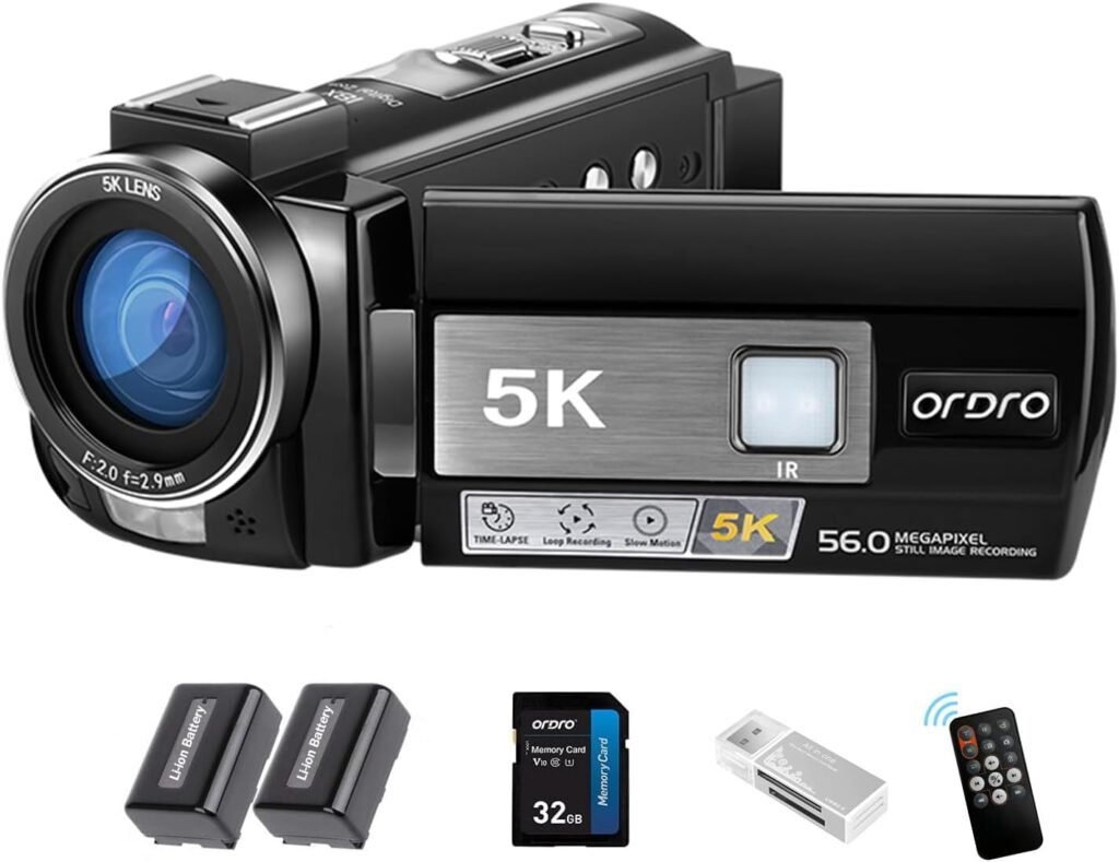 ORDRO AE20 5K Camcorder Video camera for vlogging Youtube, 3.0 inch IPS touch screen and 18X Digital Zoom with 16GB Memory Card Remote Control and 2 Batteries