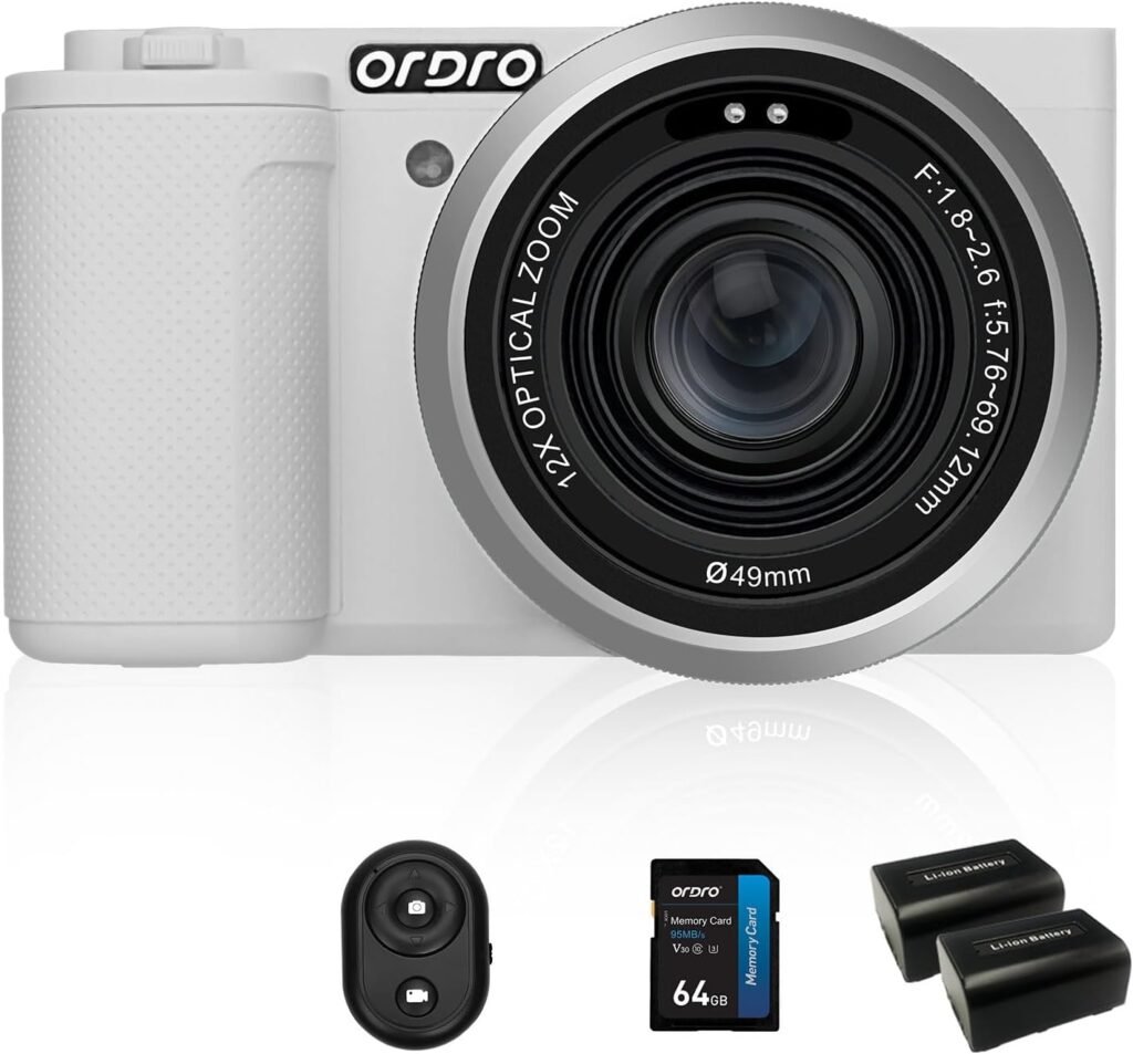 ORDRO G730 5K Digital Camera Vlogging Camera for Content Creators and Vloggers, 64MP Digital Camera for Photography, Compact Camera with Flip Screen, Auto Focus, 64GB Card (Standard Bundle, White)