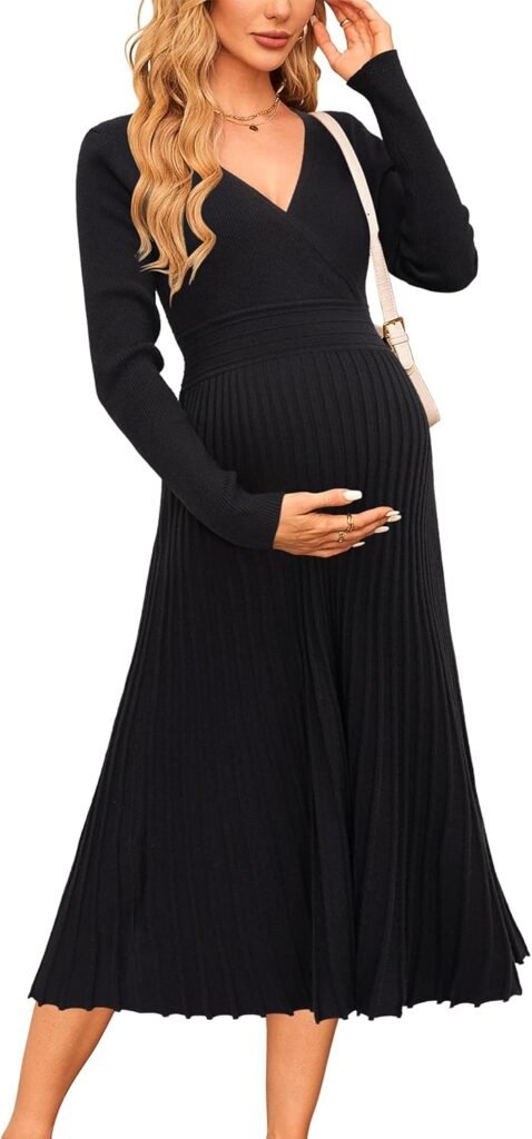 OUGES Jumper Dress for Women UK 2024 Fall Midi Pleated Long Sleeve Winter Dresses V Neck Casual Sweater Dress OUGES Jumper Dress for Women UK 2024 Fall Midi Pleated Long Sleeve Winter Dresses V Neck Casual Sweater Dress