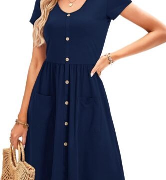 OUGES Women’s Short/Long Sleeve Summer Spring Dress Casual Button Down Midi V Neck Ladies Dresses with Pockets