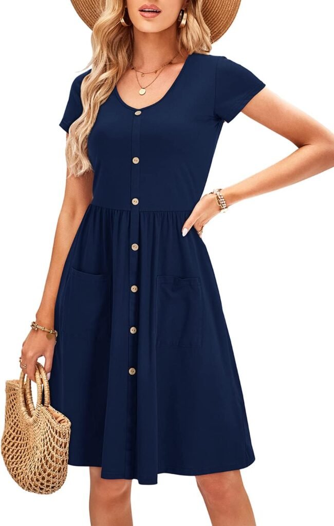 OUGES Women’s Short/Long Sleeve Summer Spring Dress Casual Button Down Midi V Neck Ladies Dresses with Pockets OUGES Women’s Short/Long Sleeve Summer Spring Dress Casual Button Down Midi V Neck Ladies Dresses with Pockets