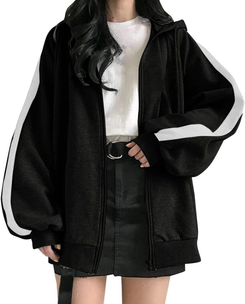 OUMSHBI Womens Zip Up Hoodie Vintage Oversized Basic Hoodies E Girl Baggy Sweatshirts Trendy Jacket Teen Girls Womens Fall Clothes Casual