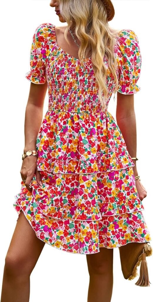 OUSIMEN Women’s Dresses Casual Summer Print Ruffle A Line Short Sleeve Mini Floral Dress for Women OUSIMEN Women’s Dresses Casual Summer Print Ruffle A Line Short Sleeve Mini Floral Dress for Women